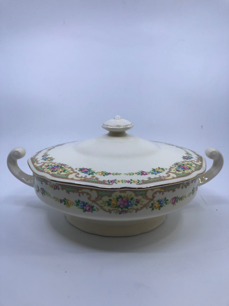 VTG FLORAL/GOLD PATTERN COVERED VEGETABLE DISH.