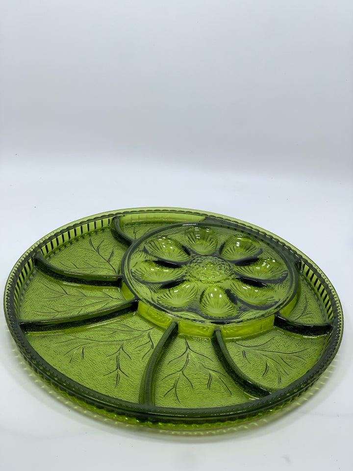 VTG GREEN GLASS EGG AND RELISH SERVING PLATE.