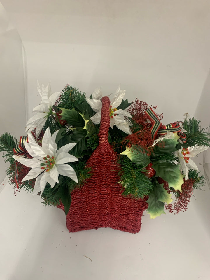 RED STAR BASKET W FAUX WHITE POINSETTIA.
