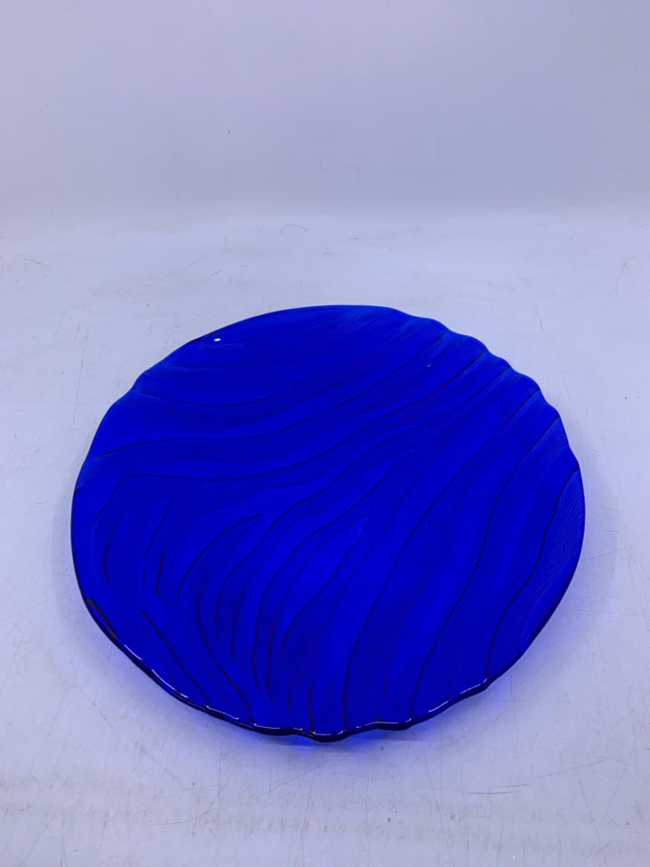 HEAVY COBALT BLUE GLASS SHALLOW BOWL W/ LINES.