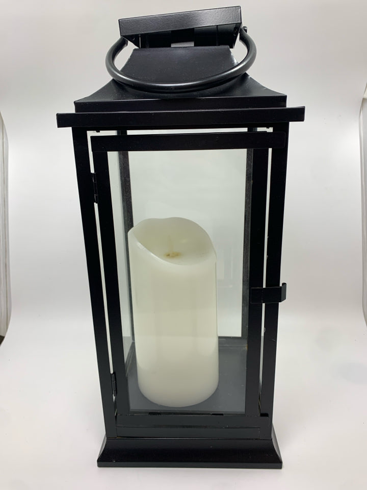 TALL METAL CANDLE LANTERN W/ FAUX CANDLE.