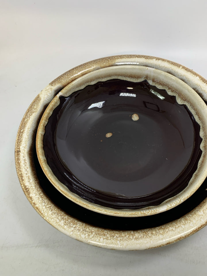 3 BROWN HEAVY NESTING BOWLS.
