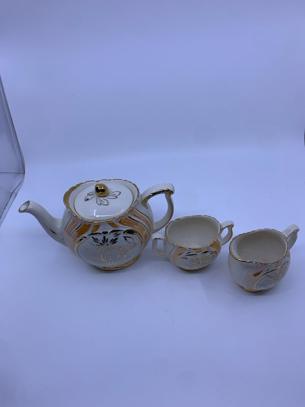 3 PC VTG GOLD FLORAL PATTERN TEA POT, SUGAR+ CREAMER.