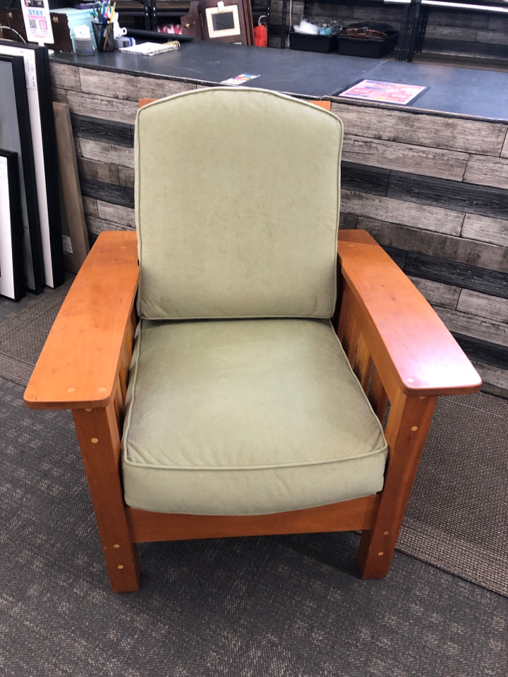 OAK WOOD W/ GREEN CUSHION POUCH CHAIR W/ OTTOMAN.