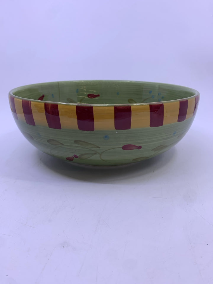 ROUND GREEN/YELLOW RED BLOCK BRANCHES SERVING BOWL.