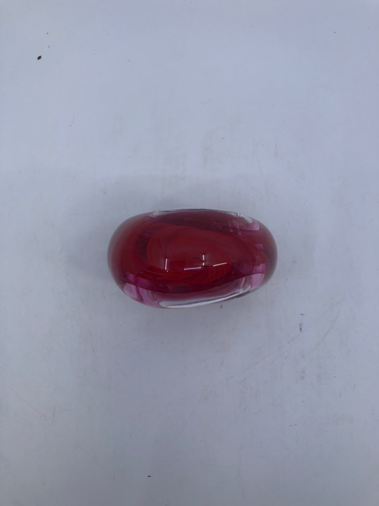 RED/ PINK GLASS PAPER WEIGHT.