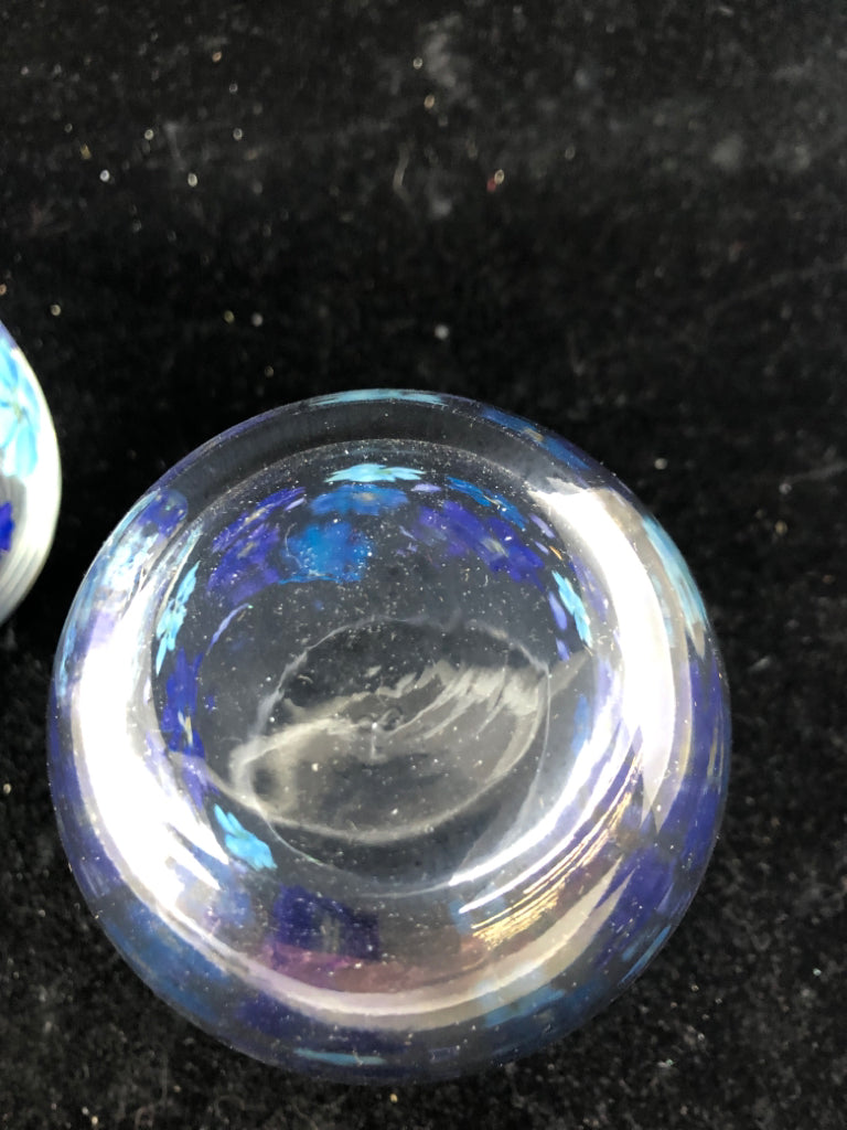 2 STEMLESS PURPLE/BLUE FLOWERS GLASSES.