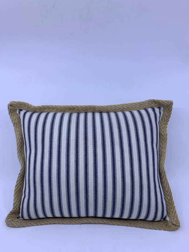 BLUE STRIPED BURLAP TRIM PILLOW.