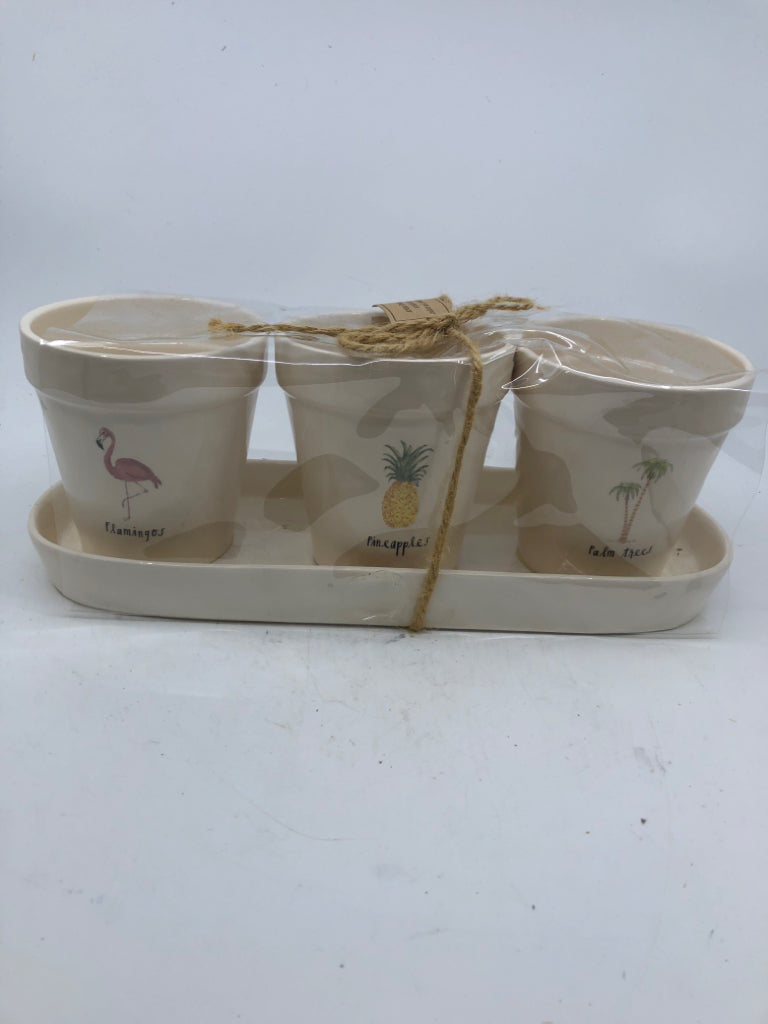 NIP 4PC RAE DUNN PLANTER SET FLAMINGO/PINEAPPLE, PALM TREE.