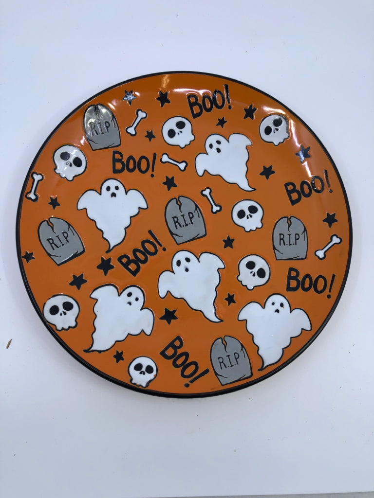 ORANGE BOO GRAVESTONE GHOSTS SERVING PLATE.