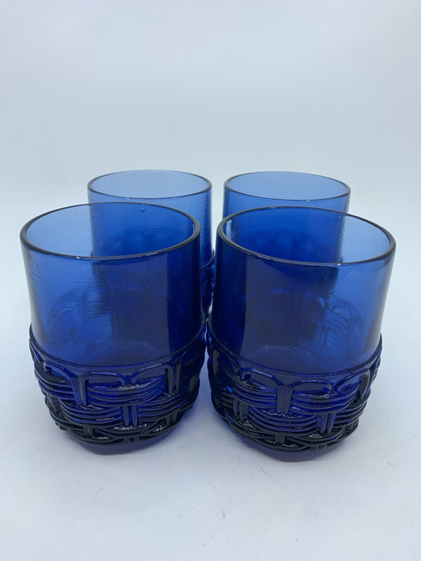 4 COBALT BLUE BASKETWEAVE BOTTOM WATER GLASSES.