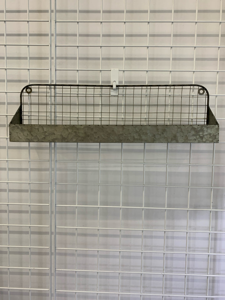 GALVANIZED METAL AND WIRE WALL SHELF.