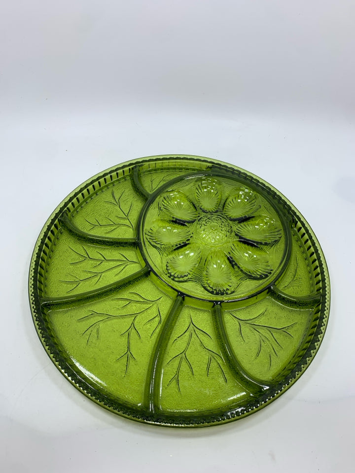 VTG GREEN GLASS EGG AND RELISH SERVING PLATE.