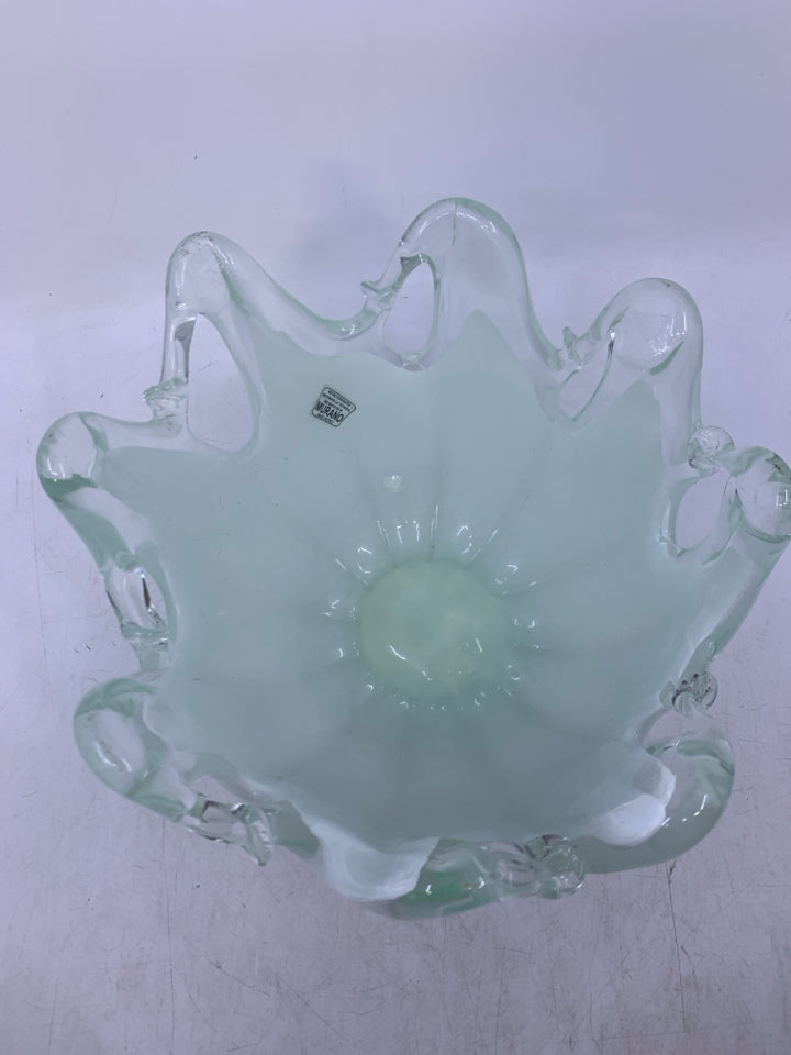 ABSTRACT HEAVY WHITE/CLEAR GLASS CENTERPIECE BOWL.