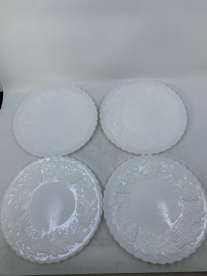 4 MILK GLASS LUNCH PLATES EMBOSSED GRAPES.
