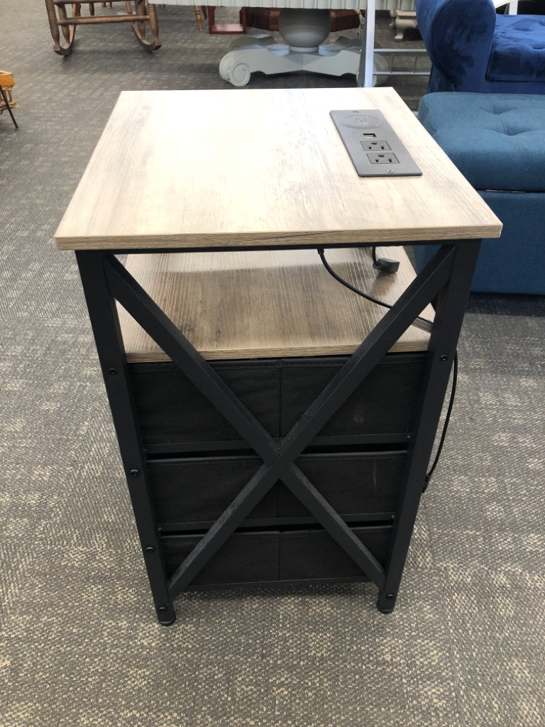 PALE WOOD SIDE TABLE W/3 DRAWERS, PLUG, AND LED LIGHT W/REMOTE.