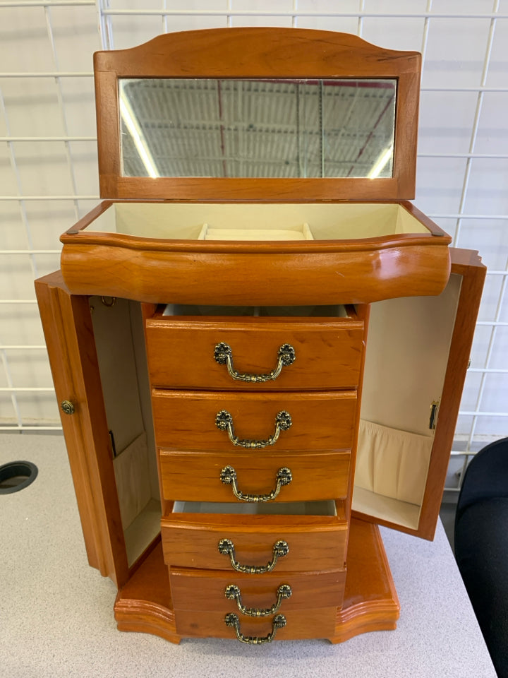 OPEN TOP WOOD JEWELRY BOX WITH 2 DOORS 6 DRAWERS/MIRROR.