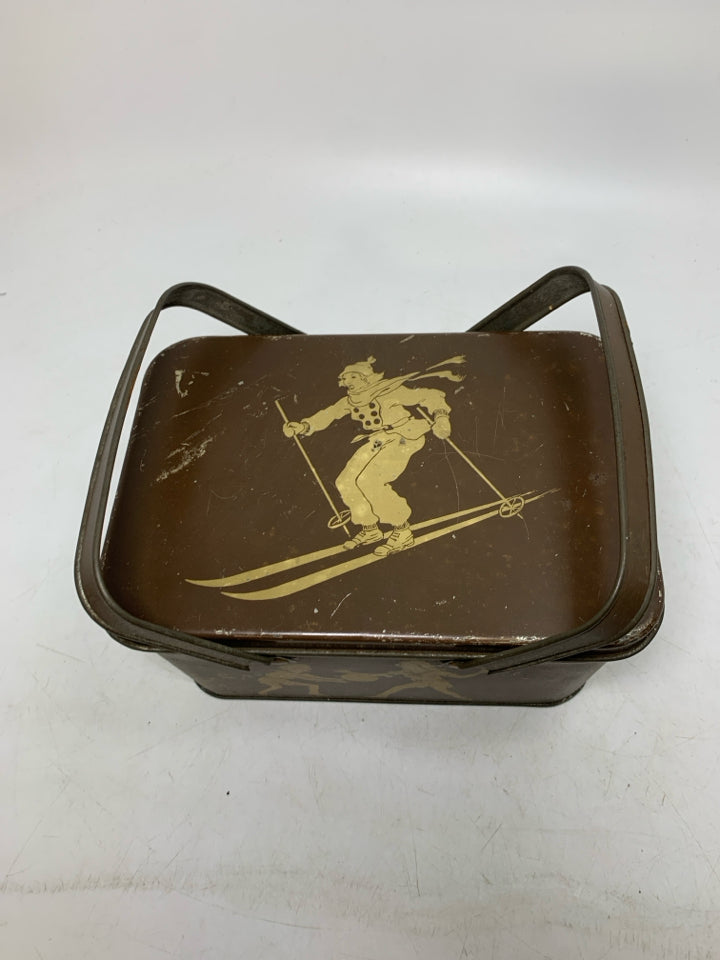 VTG BROWN METAL WOMAN PLAYING SPORTS SEWING BOX DECOWARE.