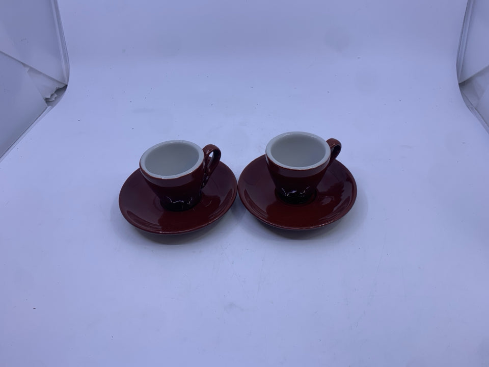 2 SMALL BROWN ESPRESSO MUGS AND SAUCER.