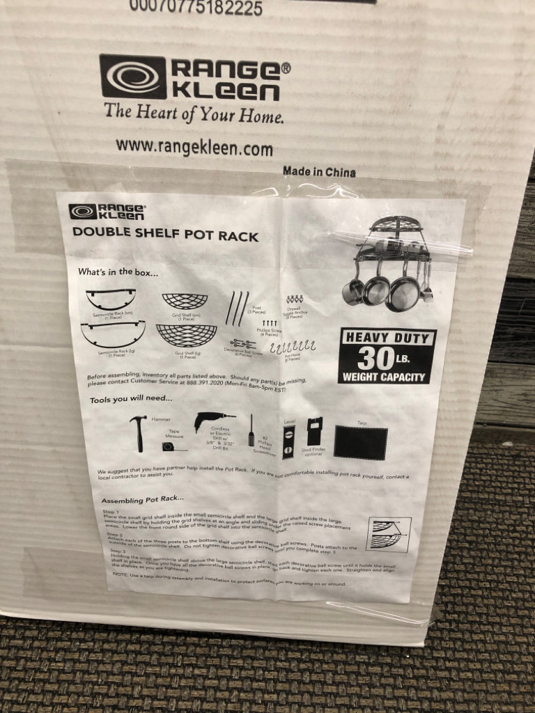 NIB DOUBLE SHELF HANGING POT RACK.