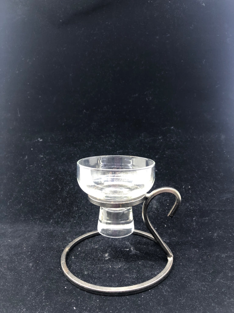 HEAVY METAL BASE W/ HANDLE GLASS INSERT TEA LIGHT HOLDER.