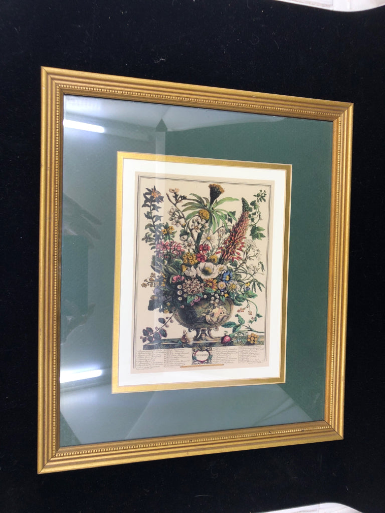 VTG DECEMBER FLORAL GOLD FRAME WALL ART.