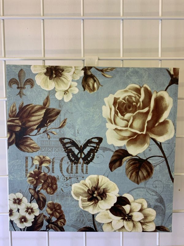 BLUE BLACK AND WHITE BUTTERFLY ROSE CANVAS.