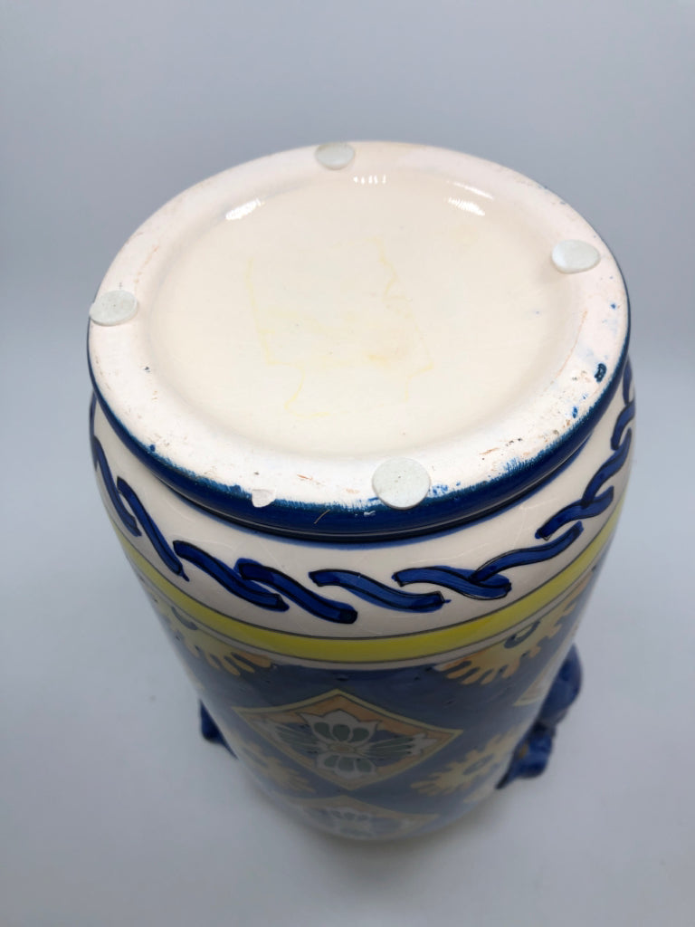 HAND PAINTED BLUE/ORANGE/GREEN/YELLOW VASE.