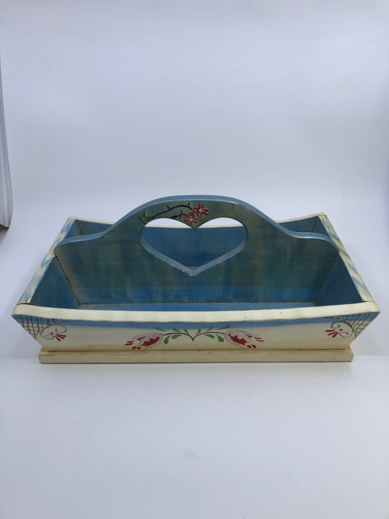 WOOD TWO SLOT TRAY, FLORAL PAINTED HEART CUTOUT HANDLE.