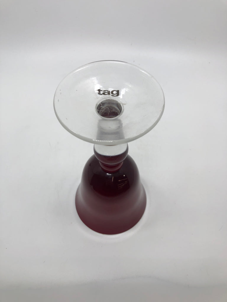 5 RED WINE GOBLETS W/CLEAR STEMS.