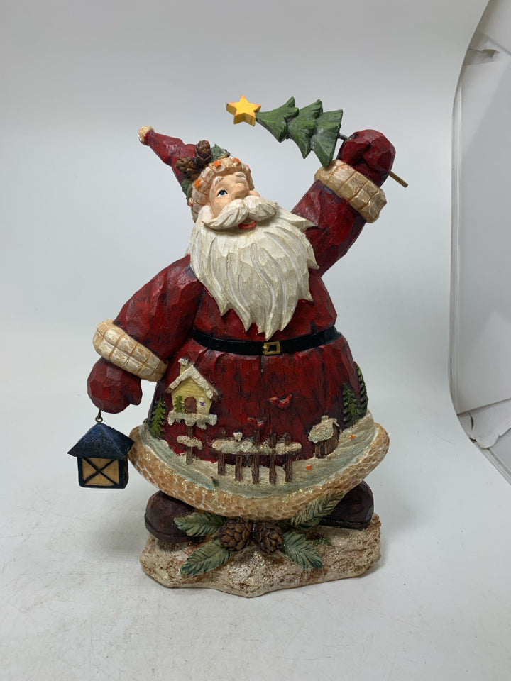 RESIN SANTA HOLDING LANTERN W/ BIRDS/BIRD HOUSES ON SUIT.