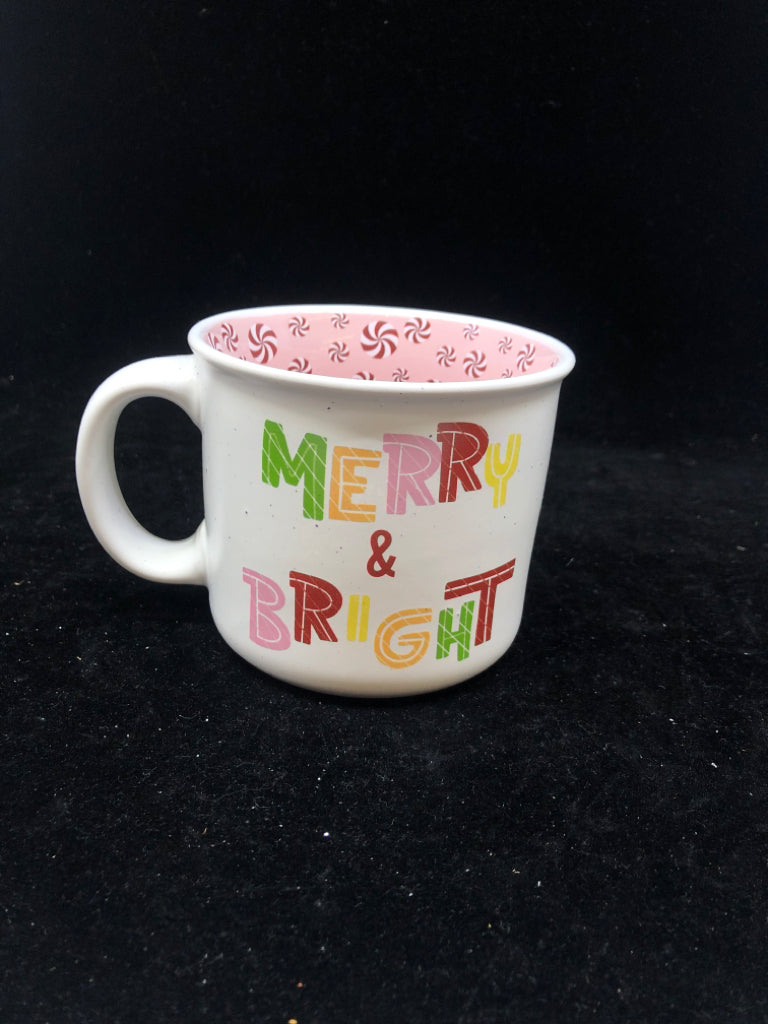 MERRY & BRIGHT MUG W/ CIRCLE PEPPERMINT CANDIES INSIDE.