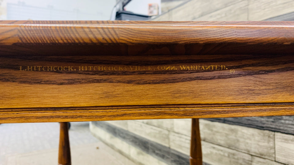 DARK BROWN HITCHCOCK TABLE W ONE LOWER DRAWER.