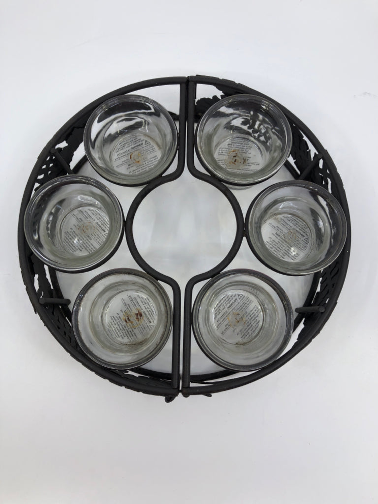 BLACK METAL TEALIGHT PATIO UMBRELLA HOLDER 6 SECTION.