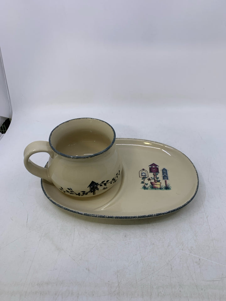 2 PC SNACK PLATE/SOUP BOWL W/ BIRD HOUSES.