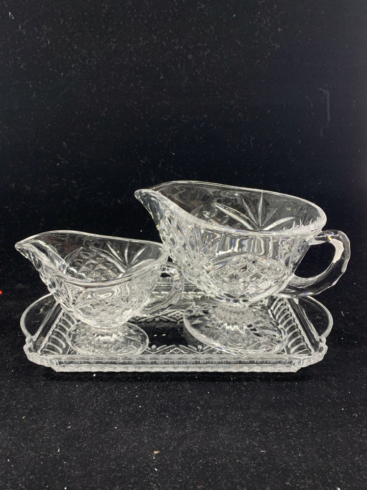 3 PC CUT GLASS GRAVY BOAT SET 2 BOATS/TRAY.