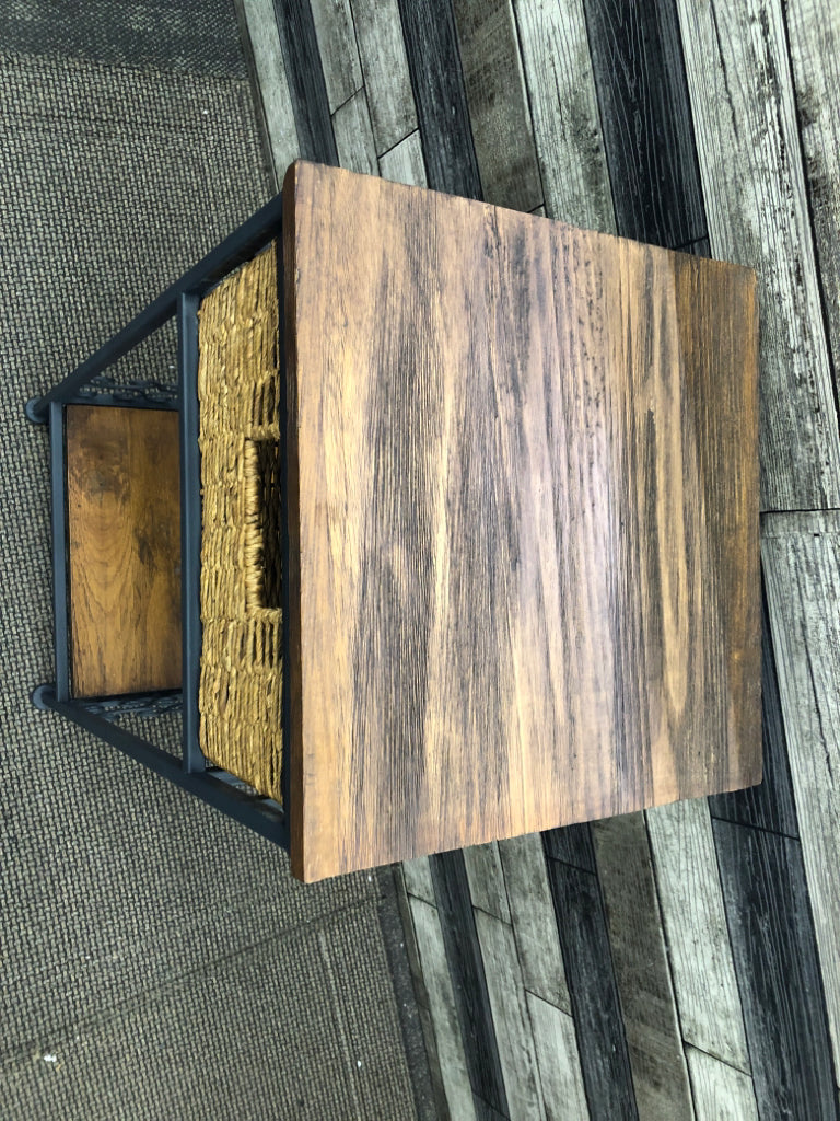 2 TIER SQUARE SIDE TABLE W/ WICKER DRAWER METAL LEGS.