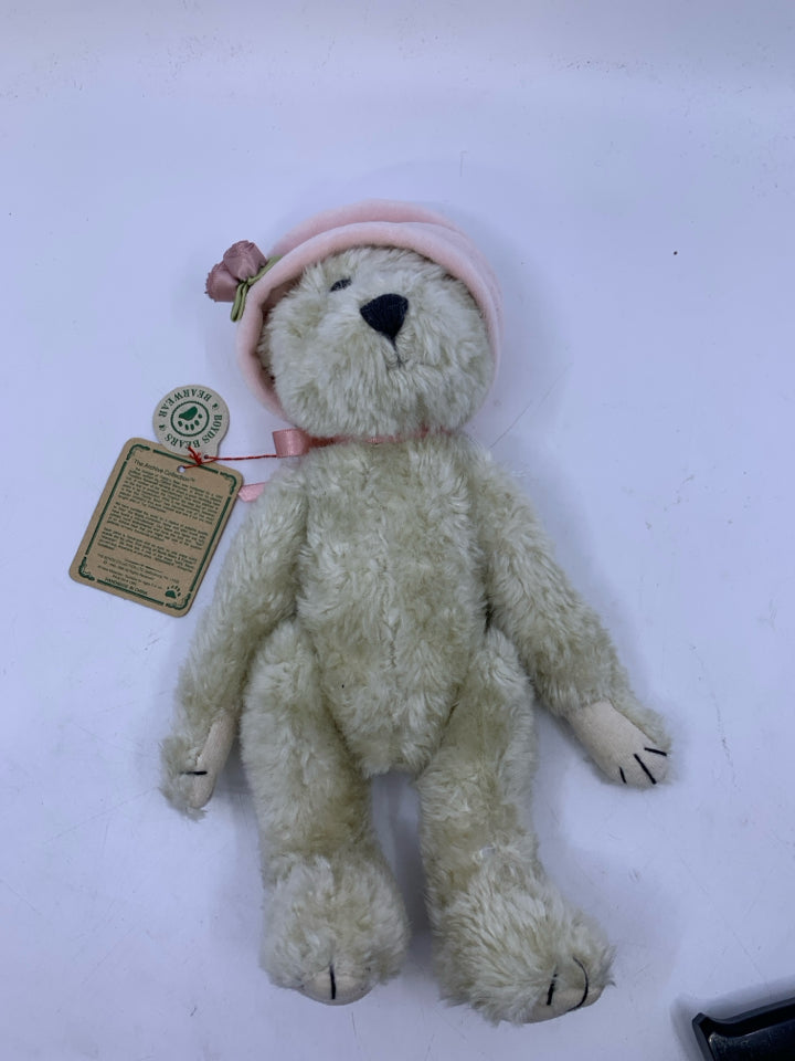 WHITE SHAG BEAR W/ PALE PINK HAT BOYDS BEAR.