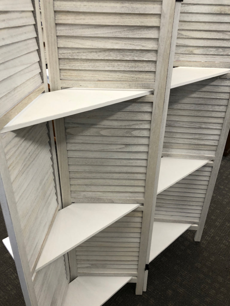 DISTRESSED WHITE ACCORDION SHUTTER SHELF.