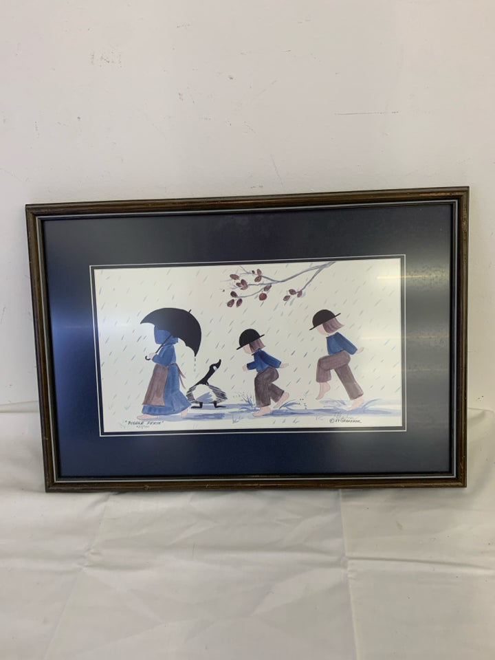 PUDDLE PICKIN KIDS WALKING THROUGH THE RAIN FRAMED SIGNED PRINT.