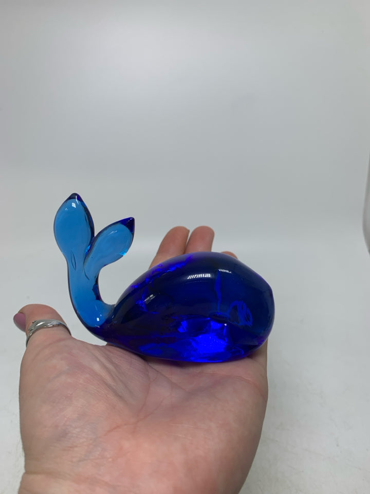 COBALT BLUE BLOWN GLASS WHALE.