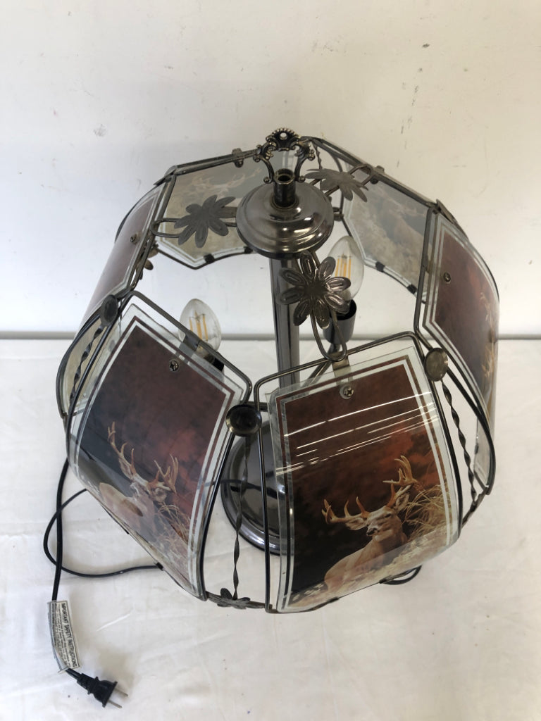 PLASTIC DEER SHADE FAUX STAINED GLASS TOUCH LAMP.