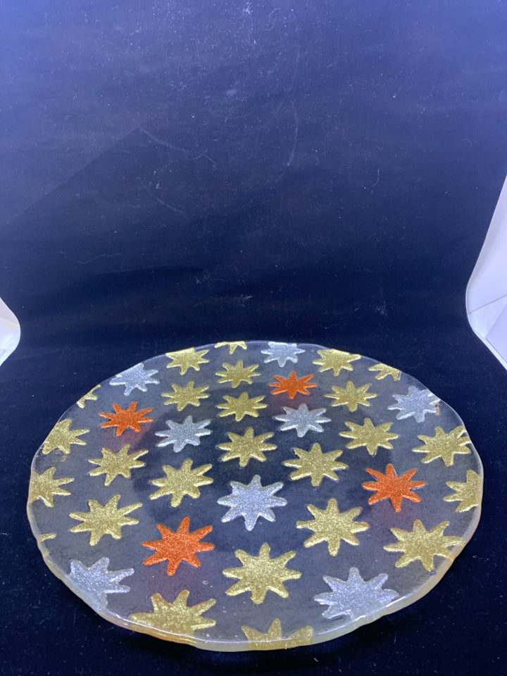 CIRCLE PLATTER W GOLD SILVER AND ORANGE ACCENT.