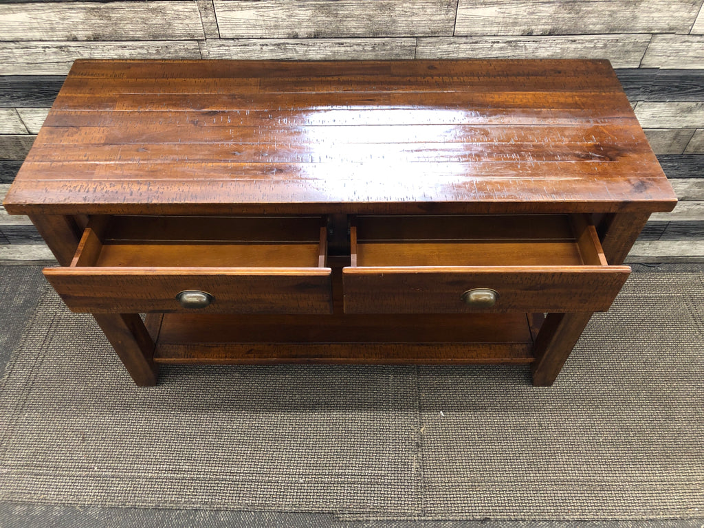DARK WOOD CONSOLE TABLE W 2 DRAWERS AND BOTTOM SHELF.
