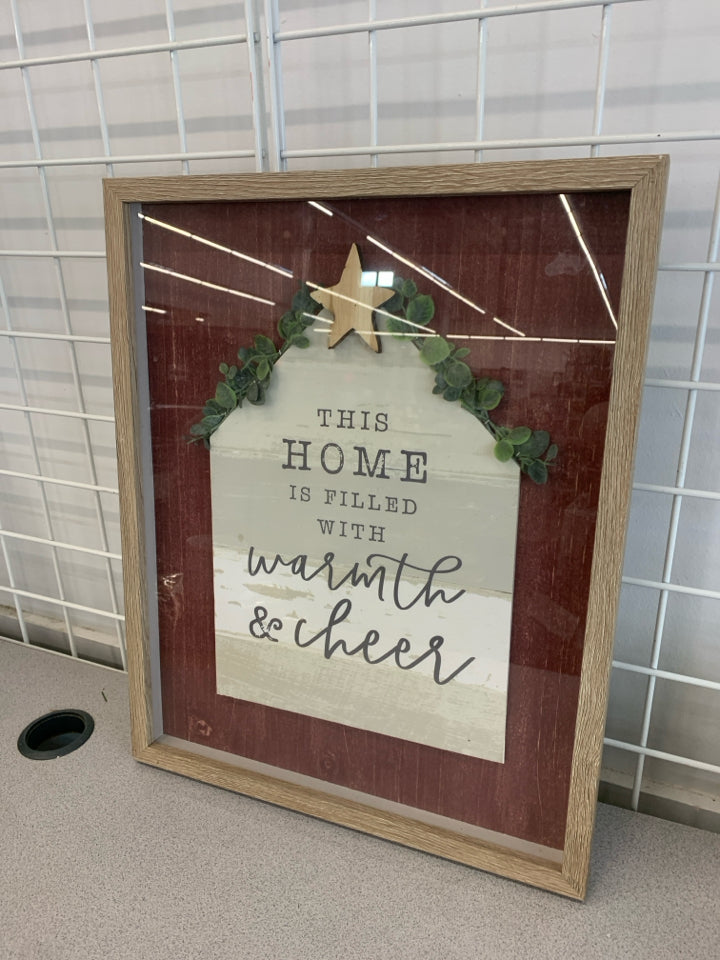 "HOME IS FILLED WITH" CHRISTMAS PRINT IN TAN FRAME.