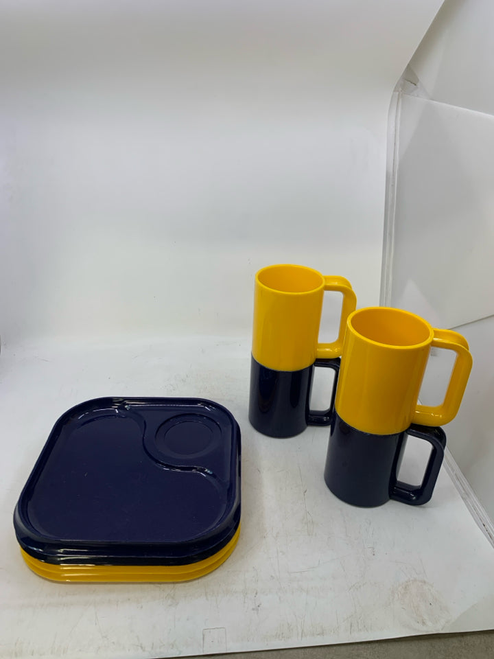 8 PC SVC 4 VTG BLUE & YELLOW PLASTIC SNACK PLATE/ CUP INGRID.