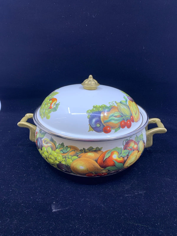 VINTAGE ENAMEL WARE ROUND DUTCH OVEN WITH FRUITS.