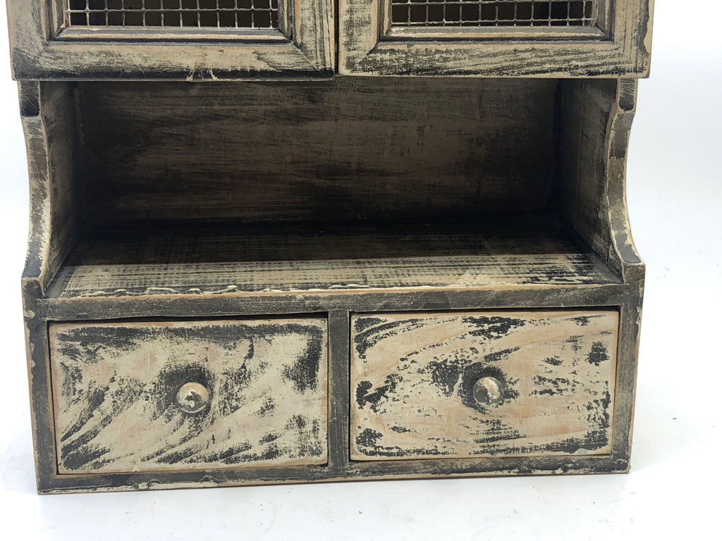 SMALL CREAM DISTRESSED MINI CABINET W DRAWERS.