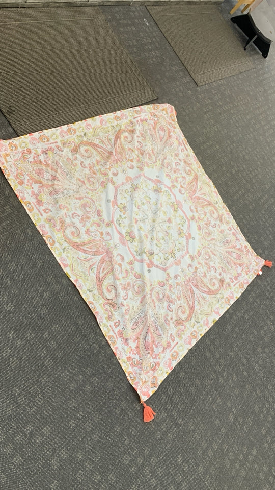 OPALHOUSE PINK/RED/YELLOW TABLE CLOTH W/PINK TASSELS.