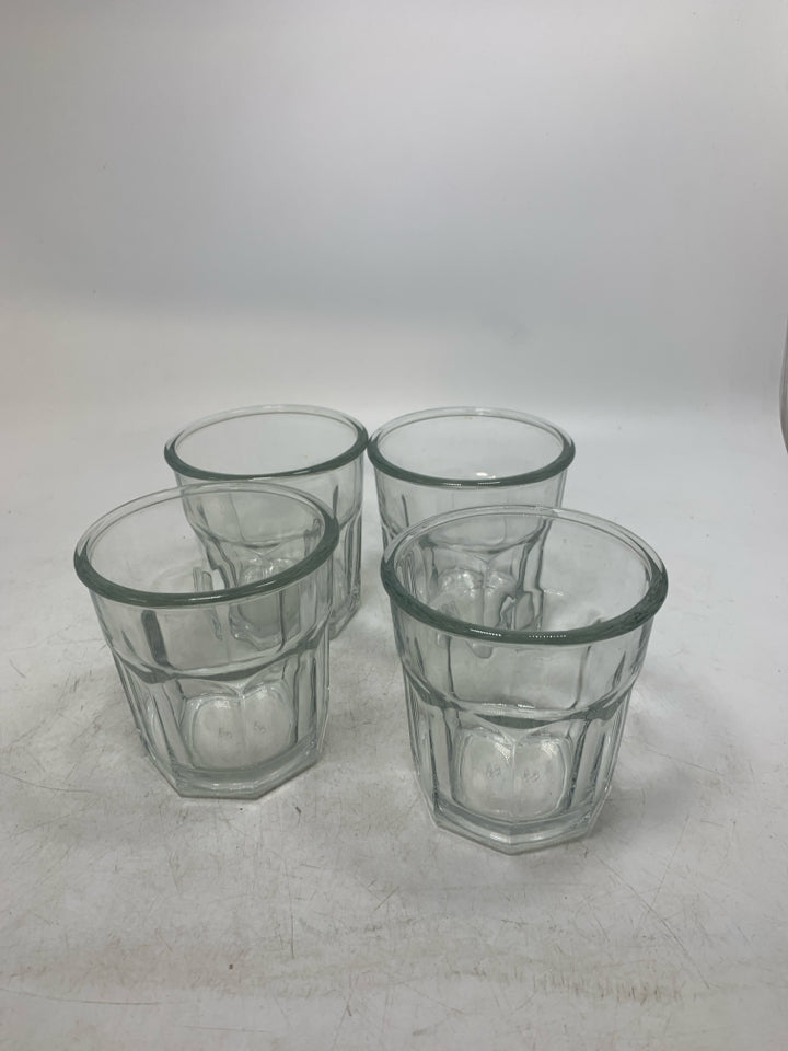 4 SHORT GLASS JUICE GLASSES.